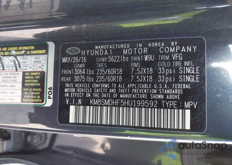 2017 Hyundai Santa Fe Se z USA, uszkodzony, nr VIN KM8SMDHF5HU199592